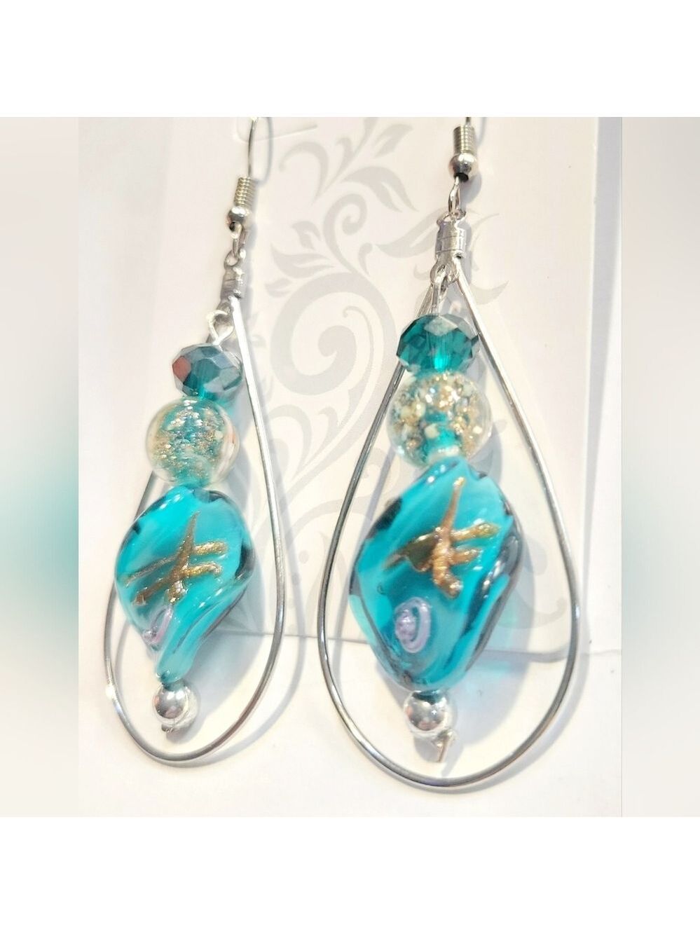 Twisted Teal Gold and Silver Drop Dangle Beaded Earrings - Picture 4 of 6